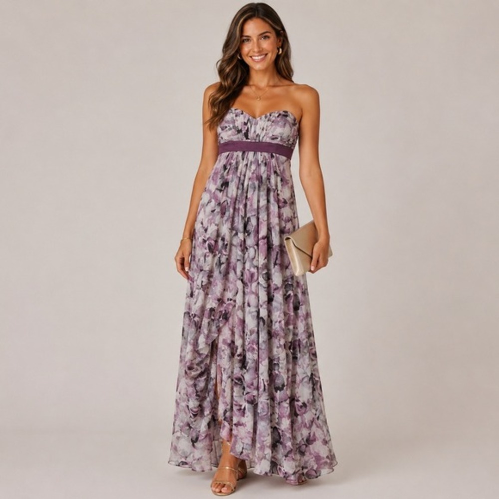 NWT BCBG Strapless Purple Gown babydoll y2k‎ Chiffon floral Wedding Guest